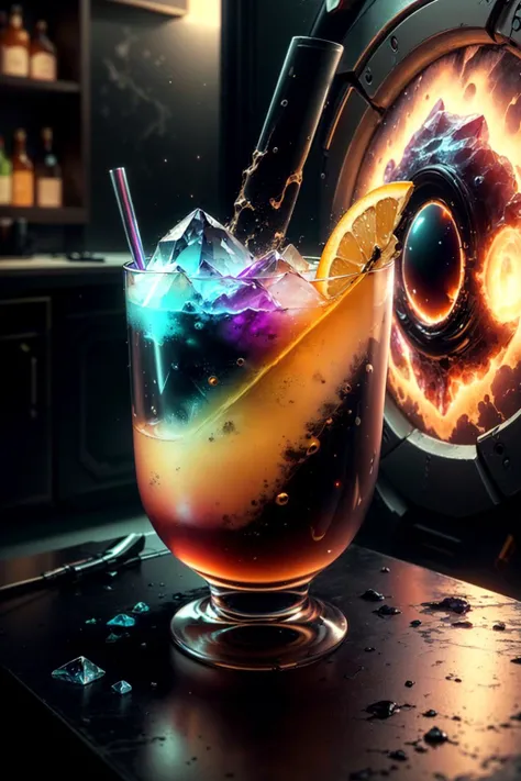 <lora:InfraBlackholeTech-20:0.8>, inblackholetech, scifi, excessive energy, ((A close-up view of a crystal-clear cocktail glass)) resting on a marble countertop, messy environment, Pan Galactic Gargle Blaster