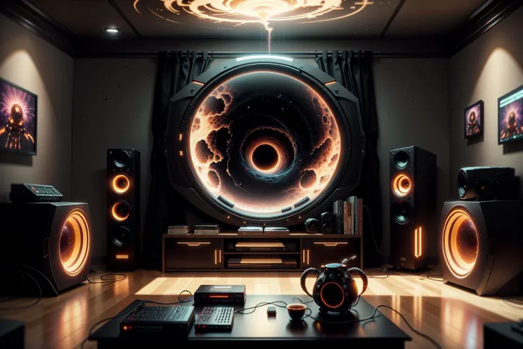 <lora:InfraBlackholeTech:0.8> inblackholetech, excessive energy,scifi, living room,tv,home cinema