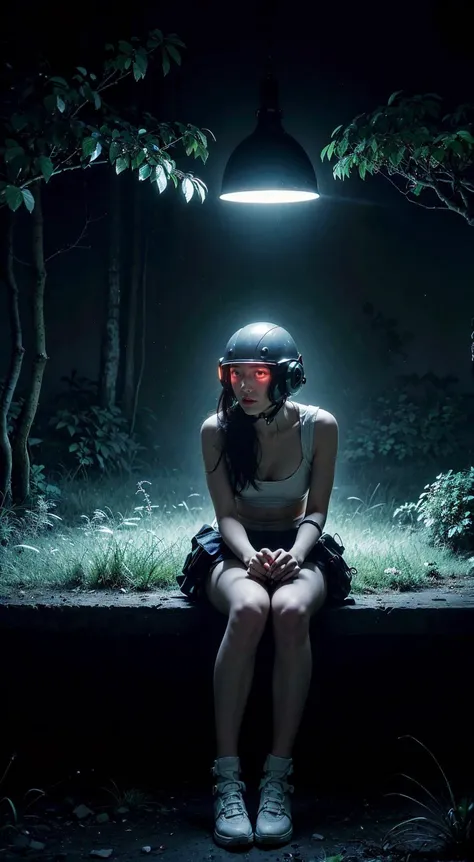 raw photo, high quality, realistic,  post coital glow,  <lora:breastslider:2> <lora:waist_size_control_v1.0:-2>, (Sitting, hands clasped over knee) , Wearing a communication-integrated helmet: advanced helmet, communication systems, seamless connectivity, mission supporting., Bioluminescent Jungle, Dense jungle of glowing plants and creatures., nsfw,  <lora:InfraBlackholeTech:0.25> inblackholetech, mech, space,  cyberpunk, bionic, beautiful, trippy, goya, dark paranormal, (exciting image), (layered hair)