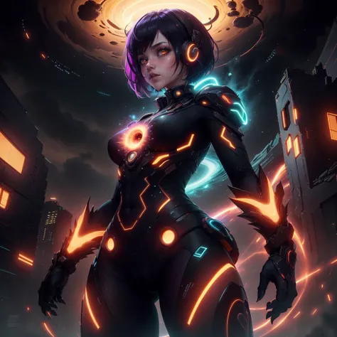 <lora:InfraBlackholeTech-20:0.8>,inblackholetech , ,scifi, blackhole, excessive energy, monster girl,colored glowing hair ,
1girl, short hair, tomboy, living weapon ,