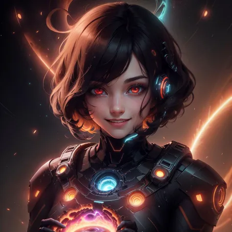 <lora:InfraBlackholeTech-20:0.8>,inblackholetech ,scifi, blackhole, excessive energy,
scholar , scroll, 1girl,long hair, smile ,closed mouth, bob cut, ,colored glowing hair ,glowing eyes,