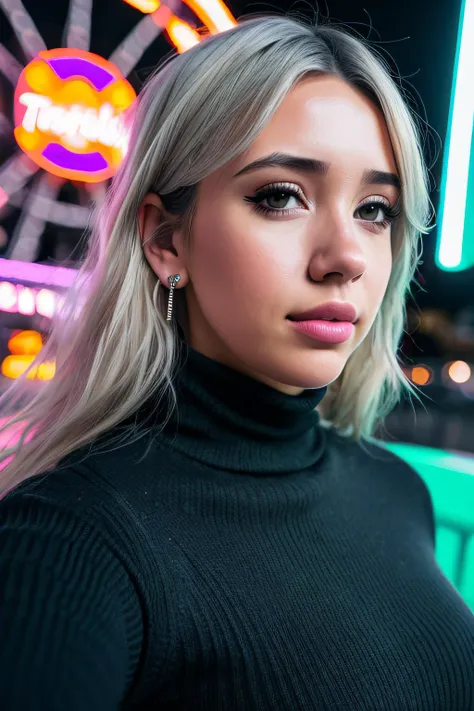 ((Selfie:1.1)), best quality (raw:1.1) photo of (Alan4hP34rc401:0.99), ((club makeup:1.2)), a woman as a model, modelshoot style, (extremely detailed 8k wallpaper), photo of the most beautiful photograph in the world, Intricate, High Detail, Sharp focus, dramatic, (at night:1.2), (dimly lit), (neon lights:1.2), (carnival:1.1), (makeup:1.1), ((ferris wheel in background)), ((turtle neck dress:1.2)), (looking at viewer:1.3), (detailed pupils:1.3), (modern outfit:1.2), (closeup), (earrings), <lora:LowRa_2:0.4>