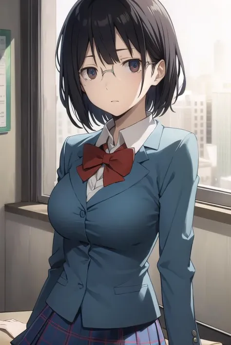 anrisonohara, <lora:anri sonohara s1-lora-nochekaiser:1>,
anri sonohara, short hair, black hair, (brown eyes:1.3), glasses, bob cut,
BREAK skirt, school uniform, shirt, white shirt, collared shirt, blazer, blue blazer, bow, red bow, blue skirt,
BREAK indoors, classroom,
BREAK looking at viewer, (cowboy shot:1.5),
BREAK <lyco:GoodHands-beta2:1>, (masterpiece:1.2), best quality, high resolution, unity 8k wallpaper, (illustration:0.8), (beautiful detailed eyes:1.6), extremely detailed face, perfect lighting, extremely detailed CG, (perfect hands, perfect anatomy),