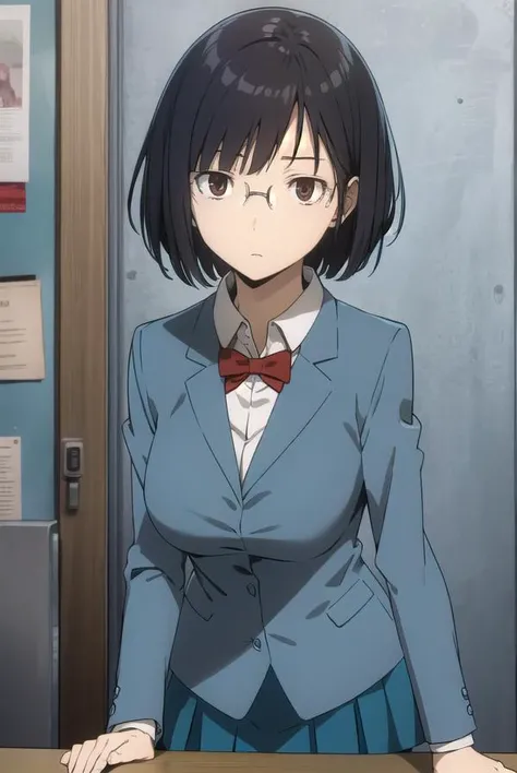 anrisonohara, <lora:anri sonohara s1-lora-nochekaiser:1>,
anri sonohara, short hair, black hair, (brown eyes:1.3), glasses, bob cut,
BREAK skirt, school uniform, shirt, white shirt, collared shirt, blazer, blue blazer, bow, red bow, blue skirt,
BREAK indoors, classroom,
BREAK looking at viewer, (cowboy shot:1.5),
BREAK <lyco:GoodHands-beta2:1>, (masterpiece:1.2), best quality, high resolution, unity 8k wallpaper, (illustration:0.8), (beautiful detailed eyes:1.6), extremely detailed face, perfect lighting, extremely detailed CG, (perfect hands, perfect anatomy),