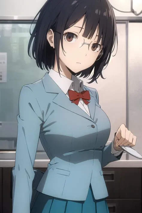 anrisonohara, <lora:anri sonohara s1-lora-nochekaiser:1>,
anri sonohara, short hair, black hair, (brown eyes:1.3), glasses, bob cut,
BREAK skirt, school uniform, shirt, white shirt, collared shirt, blazer, blue blazer, bow, red bow, blue skirt,
BREAK indoors, classroom,
BREAK looking at viewer, (cowboy shot:1.5),
BREAK <lyco:GoodHands-beta2:1>, (masterpiece:1.2), best quality, high resolution, unity 8k wallpaper, (illustration:0.8), (beautiful detailed eyes:1.6), extremely detailed face, perfect lighting, extremely detailed CG, (perfect hands, perfect anatomy),