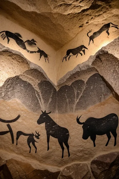 CavePaintings, ((hunt, hunters, arrows, bison, horses, spears)), flat perspective