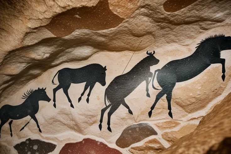 CavePaintings, ((hunt, hunters, bison, horses, spears, arrows))