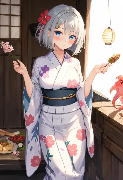 (masterpiece, best quality),  intricate details,
1girl,    <lora:shirakami fubuki 8 outfits:0.8> white hair, single side braid, ahoge, fox tail, , fubukinewyears, white kimono, blue bow, blue hakama, japanese clothes, hair flower, 
sweating, cleavage, boob sweat, 
small breasts, 
 <lora:eatfresh2-35:1> eatfresh, freshcock, fellatio, licking, sandwich