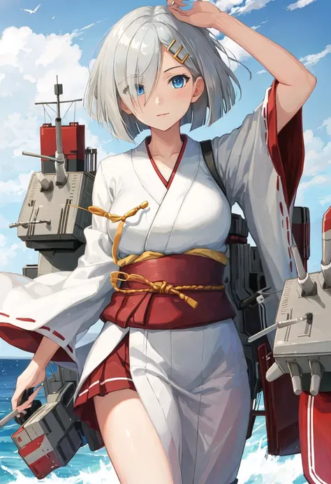 best quality, masterpiece, highres, solo, {hamakaze_kantaicollection:0.90}, {white kimono:1.35}, {red hakama:1.35}, {wide sleeves:1.20}