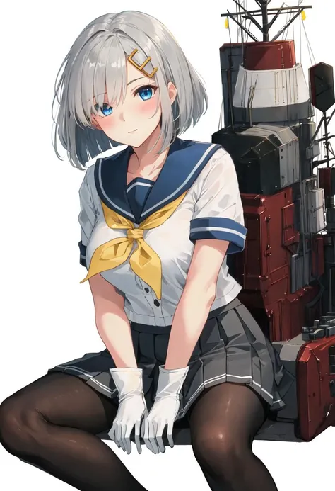 best quality, masterpiece, highres, solo, {hamakaze_kantaicollection:0.90}, 1girl, black_pantyhose, pleated_skirt, serafuku, short_sleeves, simple_background, white_background, yellow_neckerchief, white_gloves, looking_at_viewer, grey_skirt, blush, eyes_visible_through_hair, blue_sailor_collar, sitting
