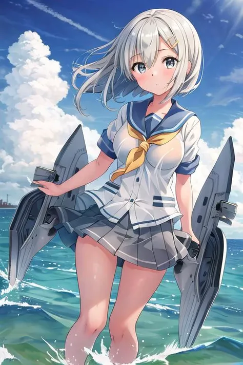 masterpiece, best quality,ultra detail, <lora:anmnr01:0.3>, <lora:GoodHands-vanilla:0.7> <lora:add_detail:0.5>,1girl,shiny eyes , hamakaze_kantaicollection <lora:hamakaze_kantaicollection:0.7>,standing on water surface,port,ocean,cloud,strong wind,wet,stylish pose,
