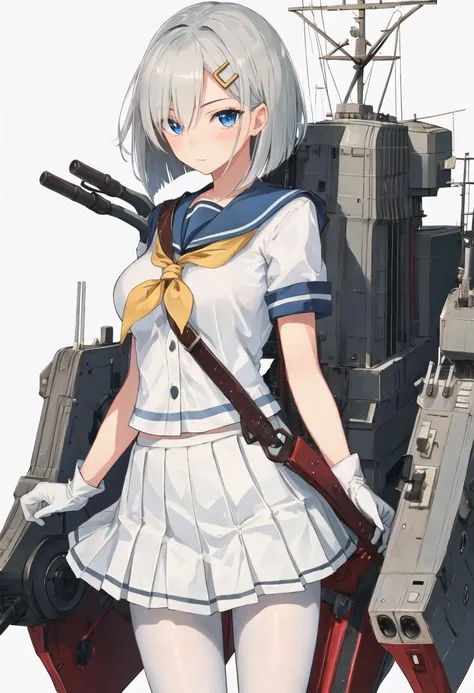 best quality, masterpiece, highres, solo, {hamakaze_kantaicollection:0.90}, 1girl, serafuku, short_sleeves, white_background, white_gloves, black_pantyhose, pleated_skirt, simple_background, looking_at_viewer