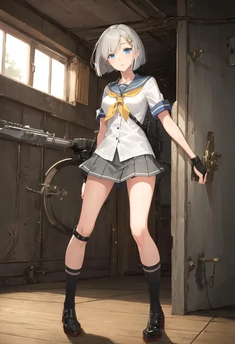((Masterpiece), Top Quality, Girl, (High School Uniform), , Silver Shorthair, Blue Eyes, (Skirt Deflected), (White Panties), (Small), Perfect Anatomy