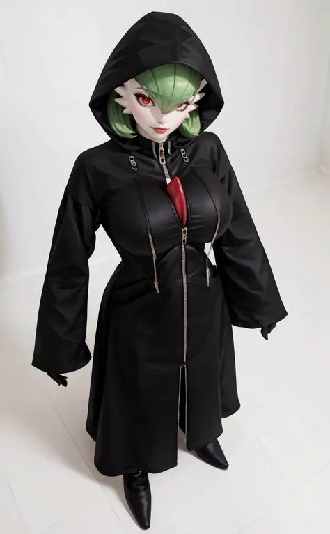 Score_9, Score_8_Up, Score_7_Up, Score_6_Up, Source_Anime, Rating_Questionable, Rating_Explicit, Clothed, Huge Breasts, <lora:gardevoir:1>, gardevoir, green_hair, green_skin, hair_over_one_eye, <lora:XIII:1>, zipper, black footwear, long sleeves, gloves, zipper, sleeves past fingers, black coat, sleeves past wrists, long sleeves, coat, From Above, Close-Up, Hood,, 8K, Realistic, Realistic Lighting