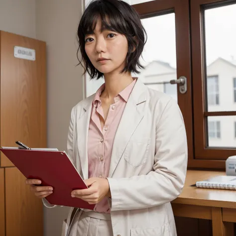 <lora:BaeDoona:0.9> bae doona wearing a lab coat holding a clipboard