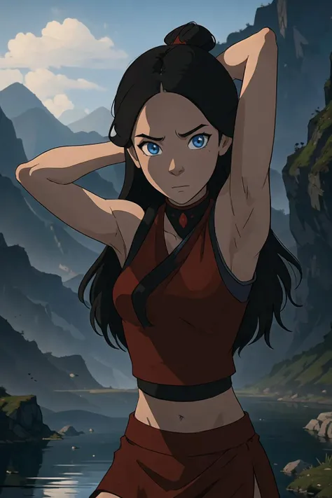 katara , blue eyes, red robe, medium breasts, stretching upwards, river in the background, daylight showing her armpits azula wearing a sleeveless uniform, short shirt, short skirt, midriff, absurdres, 8k,(RAW photo, best quality), (beautiful composition, coherent:1.3), best quality, ultra high res, masterpiece, extremely detailed, 8k wallpaper, cinematic lighting, beautiful detailed eyes, extremely detailed eyes and face, perfect anatomy, an extremely delicate and beautiful girl natural lighting, cinematic,sharp focus, hyperrealism, insanely detailed, 1girl, solo,(high detailed skin:1.2), beautiful (skinny:1.2) (skinny:0.8), (tan skin:0.2), loose shirt,