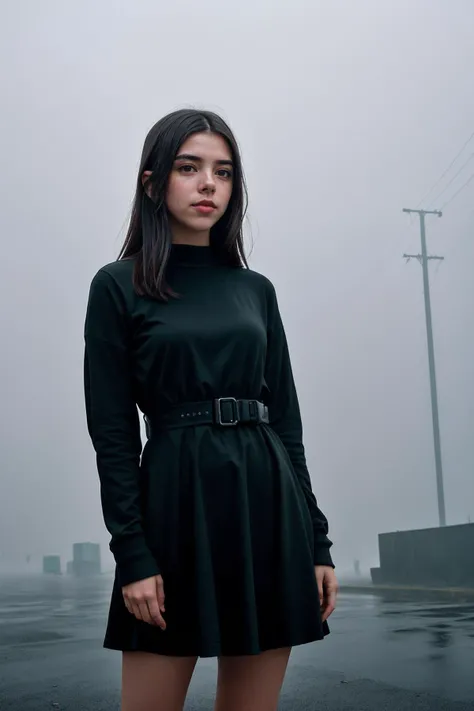 photo of cute sweet beautiful (samboss:0.99), (looking at viewer:1.3), in a dark foggy rainy dystopian ((city)), (rain), ((black dress)), (detailed pupils:1.3), (extremely detailed CG unity 8k wallpaper), photo of the most beautiful artwork in the world, professional majestic (photography by Steve McCurry), 8k uhd, dslr, soft lighting, high quality, (film_grain:1.2), (bokeh, blurry foreground, blurry background), Fujifilm XT3 sharp focus, f 5.6, High Detail, Sharp focus, dramatic, interstellar, film grain, Surrealism. Dreamy dim daylight. Minimalism, emptiness, spaciousness. Faint accent lights, horror photography, misty and foggy atmosphere, (((medium-long shot:1.5)))