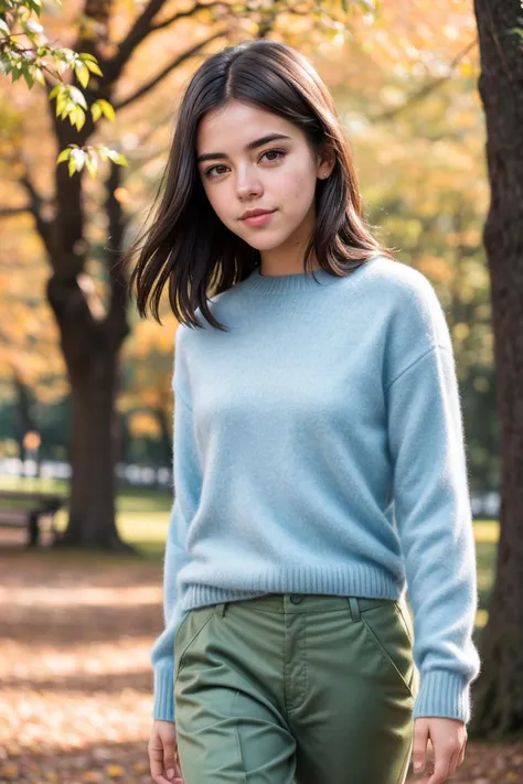 photo of cute sweet beautiful (samboss:0.99), (((walking in a park in fall))), modelshoot style, (extremely detailed CG unity 8k wallpaper), photo of the most beautiful artwork in the world, professional majestic (photography by Steve McCurry), 8k uhd, dslr, soft lighting, high quality, (film_grain:1.2), (bokeh, blurry foreground, blurry background), Fujifilm XT3 sharp focus, f 5.6, High Detail, Sharp focus, dramatic, (seductive_smile:0.7), (((cashmere_longsleeve, chino_pants))), (looking at viewer:1.2), (detailed pupils:1.3), (natural light), (((medium-long shot:1.3)))