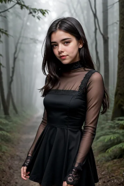 photo of cute sweet beautiful (samboss:0.99), (((walking in a foggy forest))), modelshoot style, (extremely detailed CG unity 8k wallpaper), photo of the most beautiful artwork in the world, professional majestic (photography by Steve McCurry), 8k uhd, dslr, soft lighting, high quality, (film_grain:1.2), (bokeh, blurry foreground, blurry background), Fujifilm XT3 sharp focus, f 5.6, High Detail, Sharp focus, dramatic, (seductive_smile:0.9), (((wearing black_gothic_dress))), (looking at viewer:1.2), (detailed pupils:1.3), (natural light), (((medium-long shot:1.3)))