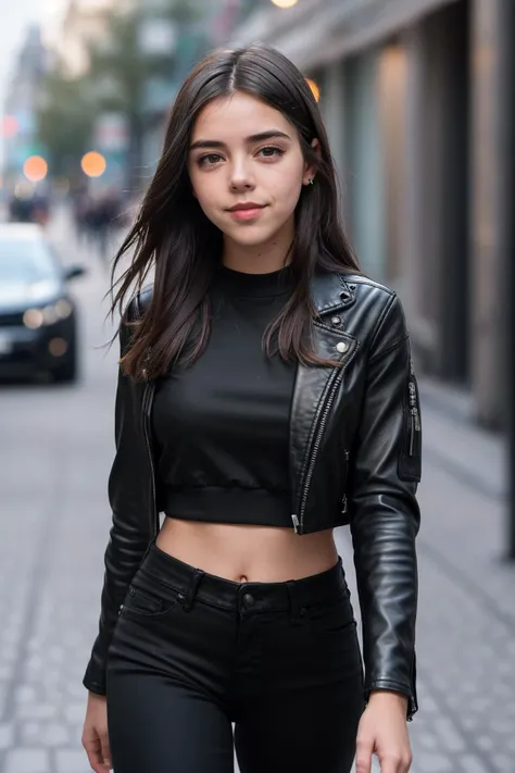 photo of cute sweet beautiful (samboss:0.99), (((walking in berlin))), modelshoot style, (extremely detailed CG unity 8k wallpaper), photo of the most beautiful artwork in the world, professional majestic (photography by Steve McCurry), 8k uhd, dslr, soft lighting, high quality, (film_grain:1.2), (bokeh, blurry foreground, blurry background), Fujifilm XT3 sharp focus, f 5.6, High Detail, Sharp focus, dramatic, seductive smile, ((wearing black croptop)), ((black jeans pants)), ((open black leather jacket)), (looking at viewer:1.2), (detailed pupils:1.3), (natural light), (((medium-long shot:1.3)))