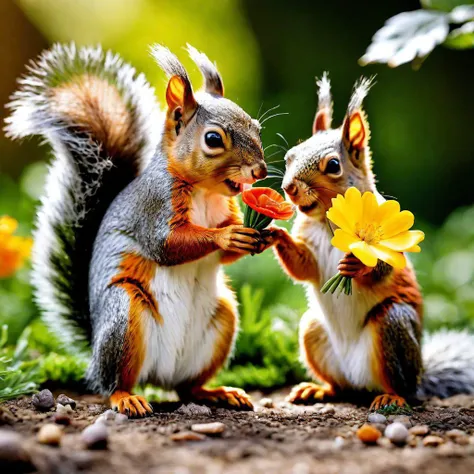 a little cute squirrel giving a flower card to another squirrel, garden, carrots, hyper-realism, realistic, masterpiece, intricate details, best quality, cinematic lighting, natural shadow, highest detail, professional photography, detailed background, depth of field, insane details, intricate, aesthetic, photorealistic, (full body shot:1.1), Award - winning, with Kodak Portra 800, a Hasselblad 500, 55mm f/ 1.9 lens, extreme depth of field, available light, high contrast, Ultra HD, HDR, DTM, 8K