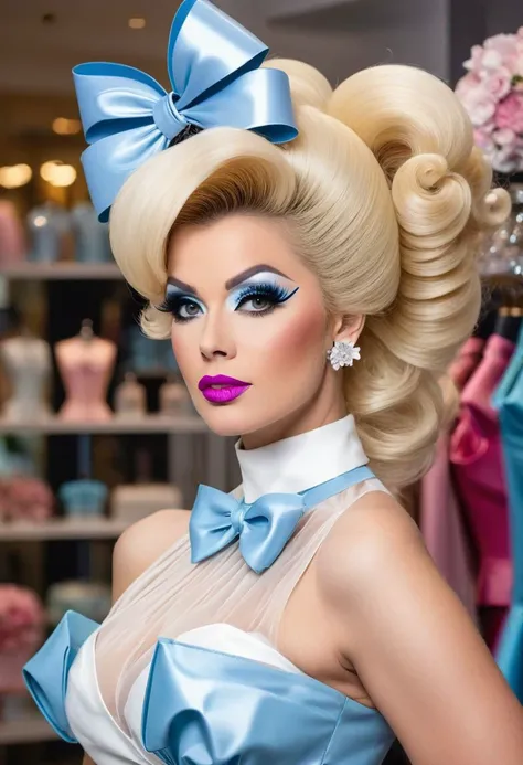 A (((modern color 8K full-body photograph))) of a ((clothing boutique)) featuring a (45 year old drag queen) wearing a massively ginormous ((retro 1980's white and blue prom dress)) made of transparent latex, puffy capped sleeves, fitted waist belt exaggerating a gibson girl silhouette and elaborate makeup with long eyelashes, a ((huge blonde bouffant beehive hairstyle)) with flowers and a giant bow.