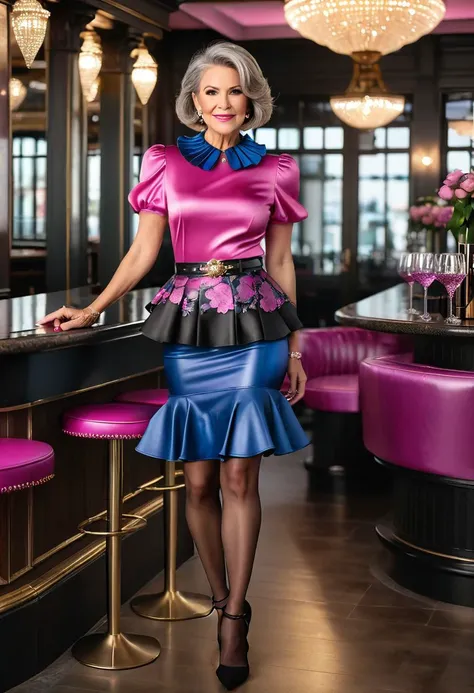 full-length photo, beautiful 50-year-old short straight greyblonde bobcut woman, wearing puff shoulder short sleeve pink purple blue gold flower satin peter pan collar top, short black leather pleated ruffle trumpet peplum skirt, belt, thick high necklace, fishnet nylon pantyhose in ankle strap high heel shoes, stood in bar, glass on floor, full body length picture, high quality, photorealism, cinematic, professional photo, 1064K, eye focus, superdetailed, filigree, haze, hyperrealism, masterpiece, Ultra HD
