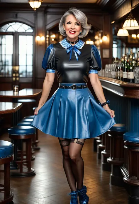 full-length photo, beautiful 50-year-old short straight greyblonde bobcut woman, wearing leather satin top with short puff sleeves peter pan leather collar and bows, a blue gingham leather pleated mini skirt, gothic choker, belt, fishnet pantyhose with lace up shoes, stood in pub, facing forward, glass on floor, full body length, high quality, photorealism, cinematic, professional photo, 1064K, eye focus, superdetailed, filigree, haze, hyperrealism, masterpiece, Ultra HD