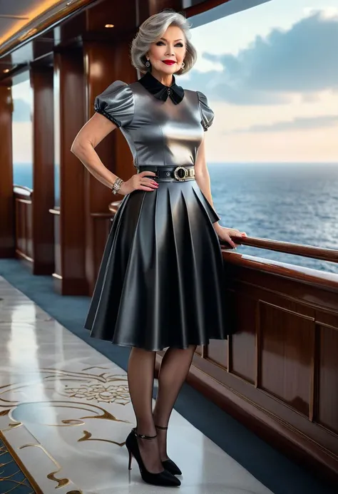 full-length photo, beautiful and elegant 50-year-old short straight greyblonde bobcut woman, puff shoulder short sleeve metallic shiny satin peter pan collar top, short black leather pleated ruffle trumpet peplum skirt, belt, thick high gothic choker necklace, fishnet nylon pantyhose in ankle strap high heel shoes, stood on cruise ship holding a cigarette, glass on floor, full body length picture, high quality, photorealism, cinematic, professional photo, 1064K, eye focus, superdetailed, filigree, haze, hyperrealism, masterpiece, Ultra HD