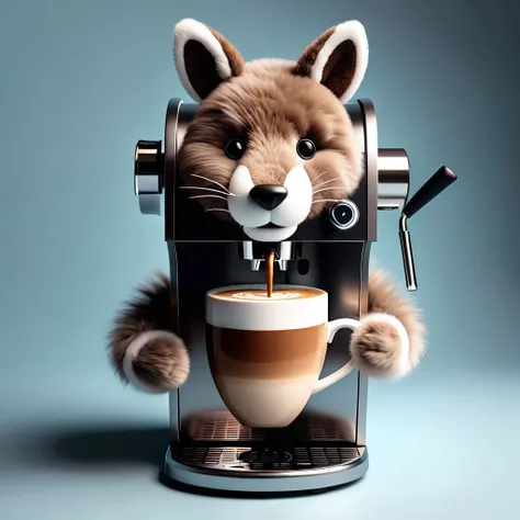 A heart figure with arms, legs, fur and face makes a coffee with a modern coffee machine. Very detailed