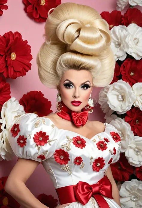 A (((modern color 8K full-body photograph))) of a ((clothing boutique)) featuring a (45 year old drag queen) wearing a massively ginormous ((retro 1980's white and red prom dress)) made of glossy jaquard flower patterned satin, puffy capped sleeves, fitted waist belt exaggerating a gibson girl silhouette and elaborate makeup with long eyelashes, a ((huge blonde bouffant beehive hairstyle)) with flowers and a giant bow.