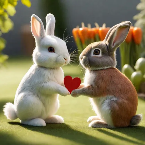 a little cute bunny giving a valentine card to another bunny, garden, carrots, hyper-realism, realistic, masterpiece, intricate details, best quality, cinematic lighting, natural shadow, highest detail, professional photography, detailed background, depth of field, insane details, intricate, aesthetic, photorealistic, (full body shot:1.1), Award - winning, with Kodak Portra 800, a Hasselblad 500, 55mm f/ 1.9 lens, extreme depth of field, available light, high contrast, Ultra HD, HDR, DTM, 8K