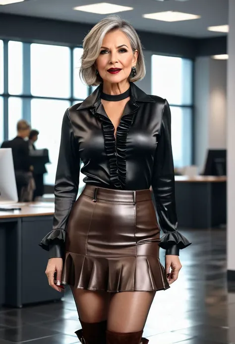 full-length photo, beautiful 50-year-old short straight greyblonde bobcut woman, wearing black low cut tight satin collared blouse, ruffle pleated trumpet brown leather skirt, brown leather jacket and fishnet pantyhose in long boots, bright lipstick, stood in work office, glass on floor, full body length, high quality, photorealism, cinematic, professional photo, 1064K, eye focus, superdetailed, filigree, haze, hyperrealism, masterpiece, Ultra HD