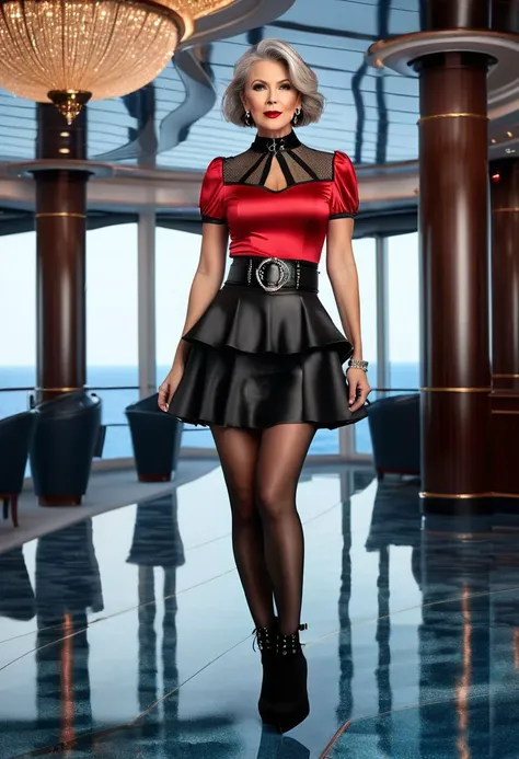 full-length photo, beautiful and elegant 50-year-old short straight greyblonde bobcut woman, puff shoulder short sleeve gothic red black shiny satin peter low cut top, bare midriff, short red black buckle leather pleated trumpet peplum skirt with belt, thick high gothic choker necklace, fishnet pantyhose in leather high heel lace-up boots, stood on cruise ship, glass on floor, full body length picture, high quality, photorealism, cinematic, professional photo, 1064K, eye focus, superdetailed, filigree, haze, hyperrealism, masterpiece, Ultra HD
