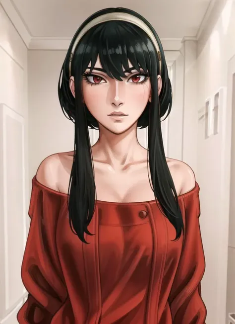 ((best quality)), ((highly detailed)), masterpiece, (detailed eyes, deep eyes), (1girl), full body, <lora:yor4:.8>, yor, black hair, short hair, short hair with long locks, bangs, sidelocks, white hairband, red eyes, off-shoulder sweater, red sweater, collarbone, <lora:aromaSenseiStyleLora:.65>, (realism)