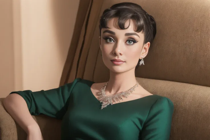 ((AudreyHepburn)), mj3d style,3dmm,3d,((full body shot:1.3)), bokeh:1.2, indoors, a beautiful woman, (sitting on a sofa), (black evening dress with turtleneck), feet, (high-heels), looking at viewer,((necklace)), (22 years old woman), medium breast, small waist, (green eyes, beautiful eyes), beautiful face, perfect illumination, beautiful detailed eyes, looking at viewer, stunningly beautiful woman, detailed hairstyle, good hands, detailed hands, good feet, (8k, RAW photo, best quality, masterpiece:1.2), (realistic, photo-realistic:1.37), ultra high res, photon mapping, radiosity, physically-based rendering, (ambient light:1.3), (cinematic composition:1.0),professional soft lighting, light on face,