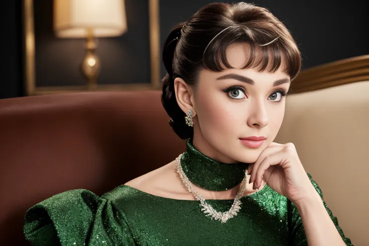 ((AudreyHepburn)), mj3d style,3dmm,3d,((full body shot:1.3)), bokeh:1.2, indoors, a beautiful woman, (sitting on a sofa), (black evening dress with turtleneck), feet, (high-heels), looking at viewer,((necklace)), (22 years old woman), medium breast, small waist, (green eyes, beautiful eyes), beautiful face, perfect illumination, beautiful detailed eyes, looking at viewer, stunningly beautiful woman, detailed hairstyle, good hands, detailed hands, good feet, (8k, RAW photo, best quality, masterpiece:1.2), (realistic, photo-realistic:1.37), ultra high res, photon mapping, radiosity, physically-based rendering, (ambient light:1.3), (cinematic composition:1.0),professional soft lighting, light on face,