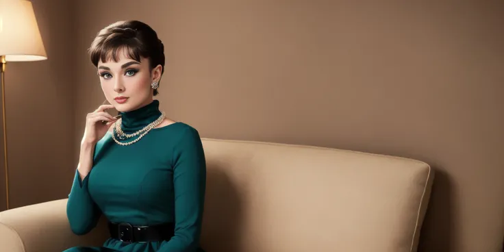 ((AudreyHepburn)), mj3d style,3dmm,3d,((full body shot:1.3)), bokeh:1.2, indoors, a beautiful woman, (sitting on a sofa), (black evening dress with turtleneck), feet, (high-heels), looking at viewer,((necklace)), (22 years old woman), medium breast, small waist, (green eyes, beautiful eyes), beautiful face, perfect illumination, beautiful detailed eyes, looking at viewer, stunningly beautiful woman, detailed hairstyle, good hands, detailed hands, good feet, (8k, RAW photo, best quality, masterpiece:1.2), (realistic, photo-realistic:1.37), ultra high res, photon mapping, radiosity, physically-based rendering, (ambient light:1.3), (cinematic composition:1.0),professional soft lighting, light on face,