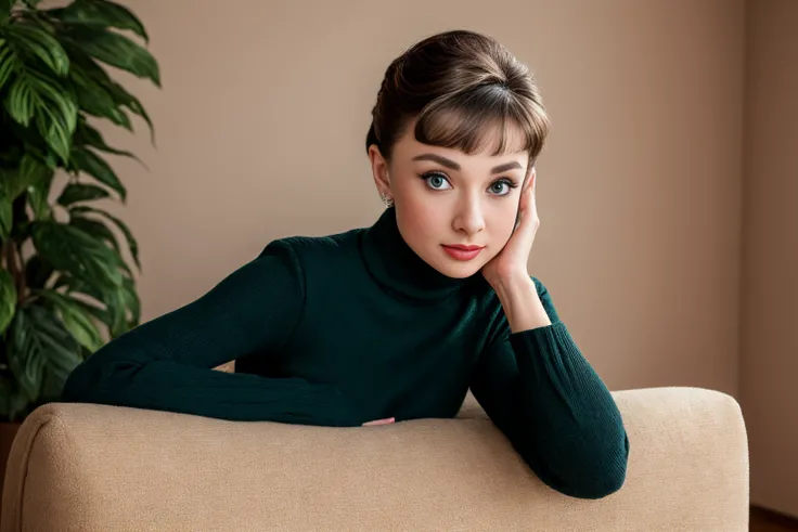 ((AudreyHepburn)), mj3d style,3dmm,3d,((full body shot:1.3)), bokeh:1.2, indoors, a beautiful woman, (sitting on a sofa), (black evening dress with turtleneck), feet, (high-heels), looking at viewer,((necklace)), (22 years old woman), medium breast, small waist, (green eyes, beautiful eyes), beautiful face, perfect illumination, beautiful detailed eyes, looking at viewer, stunningly beautiful woman, detailed hairstyle,  good hands,  detailed hands, good feet, (8k, RAW photo, best quality, masterpiece:1.2), (realistic, photo-realistic:1.37), ultra high res, photon mapping, radiosity, physically-based rendering, (ambient light:1.3), (cinematic composition:1.0),professional soft lighting, light on face,