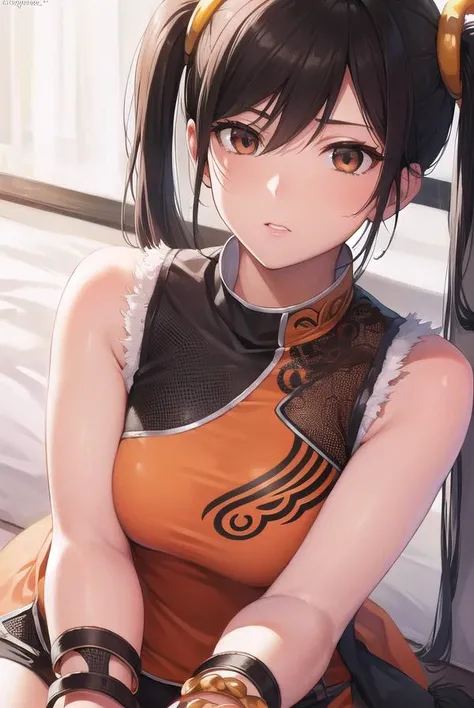 lingxiaoyu, <lora:lingxiaoyu-lora-nochekaiser:1>,
ling xiaoyu, (black hair:1.5), (brown eyes:1.7), swept bangs, twintails, (small breasts:1.2),
BREAK black gloves, bracelet, chinese clothes, feather trim, fingerless gloves, gloves, mary janes, orange footwear, shoes, single glove, sleeveless, dress, orange dress,
BREAK looking at viewer,
BREAK indoors,
BREAK <lyco:GoodHands-beta2:1>, (masterpiece:1.2), best quality, high resolution, unity 8k wallpaper, (illustration:0.8), (beautiful detailed eyes:1.6), extremely detailed face, perfect lighting, extremely detailed CG, (perfect hands, perfect anatomy),