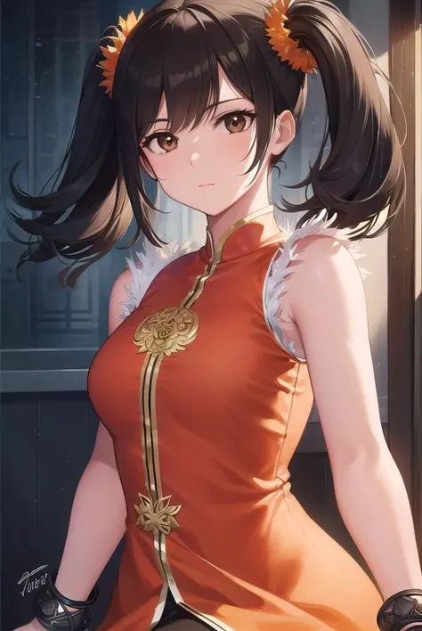 lingxiaoyu, <lora:lingxiaoyu-lora-nochekaiser:1>,
ling xiaoyu, (black hair:1.5), (brown eyes:1.7), swept bangs, twintails, (small breasts:1.2),
BREAK black gloves, bracelet, chinese clothes, feather trim, fingerless gloves, gloves, mary janes, orange footwear, shoes, single glove, sleeveless, dress, orange dress,
BREAK looking at viewer,
BREAK indoors,
BREAK <lyco:GoodHands-beta2:1>, (masterpiece:1.2), best quality, high resolution, unity 8k wallpaper, (illustration:0.8), (beautiful detailed eyes:1.6), extremely detailed face, perfect lighting, extremely detailed CG, (perfect hands, perfect anatomy),