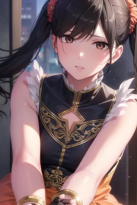 lingxiaoyu, <lora:lingxiaoyu-lora-nochekaiser:1>,
ling xiaoyu, (black hair:1.5), (brown eyes:1.7), swept bangs, twintails, (small breasts:1.2),
BREAK black gloves, bracelet, chinese clothes, feather trim, fingerless gloves, gloves, mary janes, orange footwear, shoes, single glove, sleeveless, dress, orange dress,
BREAK looking at viewer,
BREAK indoors,
BREAK <lyco:GoodHands-beta2:1>, (masterpiece:1.2), best quality, high resolution, unity 8k wallpaper, (illustration:0.8), (beautiful detailed eyes:1.6), extremely detailed face, perfect lighting, extremely detailed CG, (perfect hands, perfect anatomy),