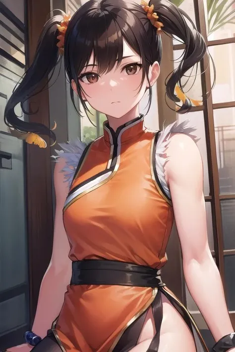 lingxiaoyu, <lora:lingxiaoyu-lora-nochekaiser:1>,
ling xiaoyu, (black hair:1.5), (brown eyes:1.7), swept bangs, twintails, (small breasts:1.2),
BREAK black gloves, bracelet, chinese clothes, feather trim, fingerless gloves, gloves, mary janes, orange footwear, shoes, single glove, sleeveless, dress, orange dress,
BREAK looking at viewer,
BREAK indoors,
BREAK <lyco:GoodHands-beta2:1>, (masterpiece:1.2), best quality, high resolution, unity 8k wallpaper, (illustration:0.8), (beautiful detailed eyes:1.6), extremely detailed face, perfect lighting, extremely detailed CG, (perfect hands, perfect anatomy),