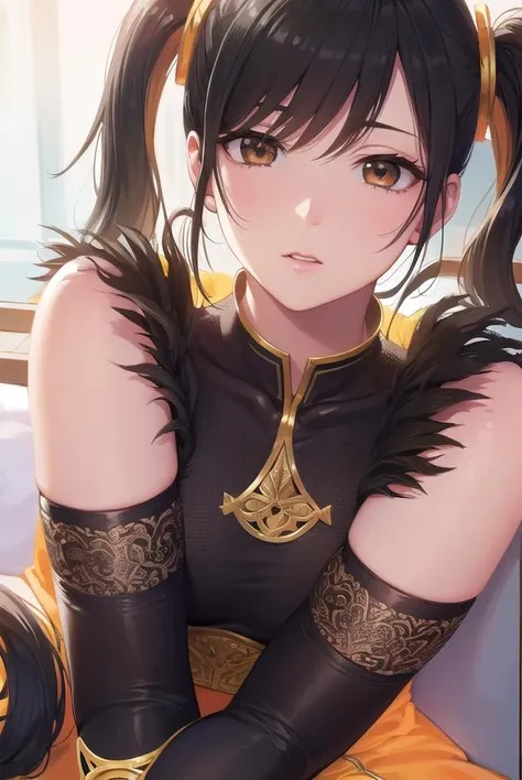 Highest quality Highest quality Draw a face carefully High-definition anime-style face Super Glowing Skin Long black hair Brown leotard Golden pantyhose Succubus lure smile Back view Rear view Ass close up