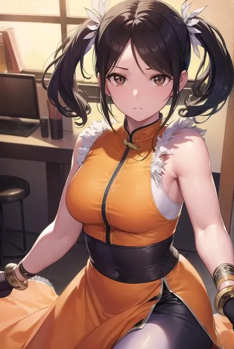 lingxiaoyu, <lora:lingxiaoyu-lora-nochekaiser:1>,
ling xiaoyu, (black hair:1.5), (brown eyes:1.7), swept bangs, twintails, (small breasts:1.2),
BREAK black gloves, bracelet, chinese clothes, feather trim, fingerless gloves, gloves, mary janes, orange footwear, shoes, single glove, sleeveless, dress, orange dress,
BREAK looking at viewer,
BREAK indoors,
BREAK <lyco:GoodHands-beta2:1>, (masterpiece:1.2), best quality, high resolution, unity 8k wallpaper, (illustration:0.8), (beautiful detailed eyes:1.6), extremely detailed face, perfect lighting, extremely detailed CG, (perfect hands, perfect anatomy),