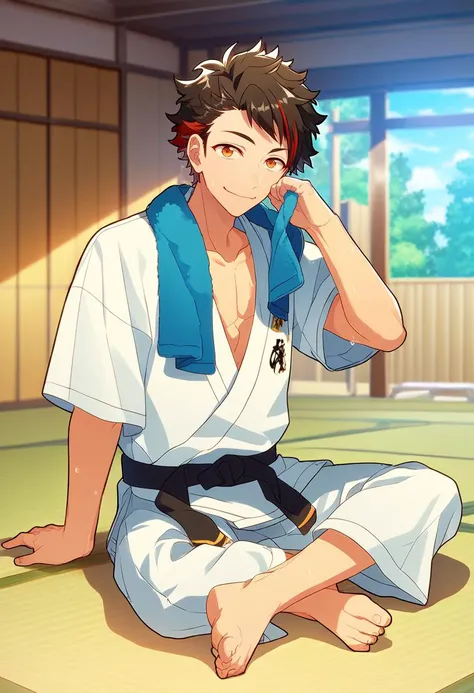 1boy, male focus, 
nagumo tetora, ensemble stars!, 
((zPDXL)), score_9_up, score_8_up, score_7_up, score_6_up, score_5_up, score_4_up, best quality, amazing quality, best aesthetic, absurdres, year2023, sfw, game cg, 
 <lora:Tetora_Nagumo_Ensemble_Stars_-_Pony:1> tetora nagumo, multicolored hair, black hair, yellow eyes eyes, dojo, tatami, karate gi, black belt, crossed legs, sitting, smile, sweats, towel, wiping sweat, looking at viewer,