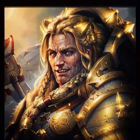 <lora:Leman MK1 by CARAXES:0.7> portrait of leman russ, power armored viking warrior, wild hair, braided hair, holding weapon,smile, sharp teeth, sword, skin details, detailed eyes, detailed face,, (masterpiece:1.2) (photorealistic:1.2) (bokeh) (best quality) (intricate details) (8k) (HDR) (analog film) (canon d5) (cinematic lighting) (sharp focus) <lora:efm-l1:0.2>