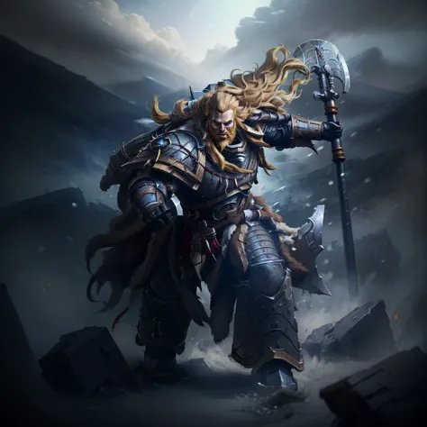 volumetric cinematic lighting, (highly detailed:1.4), digital painting, octane render, artstation, concept art, smooth, sharp focus, full body 8k unity render, action shot, realistic reflections, cinematic composition, leman, <lora:Leman MK1 by CARAXES:0.8> detailed armor, detailed face, intricate ornamented, full armor, fur trimmings, sword, axe, wild hair, skin pores, rugged, bloody, angry looking with long blonde hair and long beard, fierce looking in a dynamic posture, charging to battle, tundra landscape background, particles floating, cloudy winter sky, very dark lighting, heavy shadows,