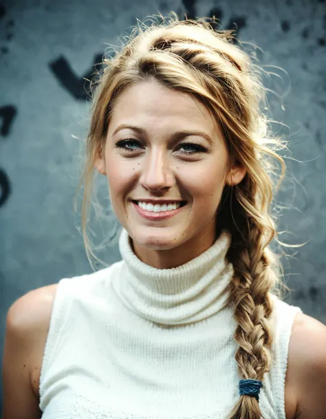 score_9, score_8_up, score_7_up, ohwx, 1girl, slim, photo, realistic, blonde braided ponytail, off-shoulder shirt, <lora:CrunchyBanana_PONY_DORA_Blake_Lively_v2:1>, rating_safe, solo focus
