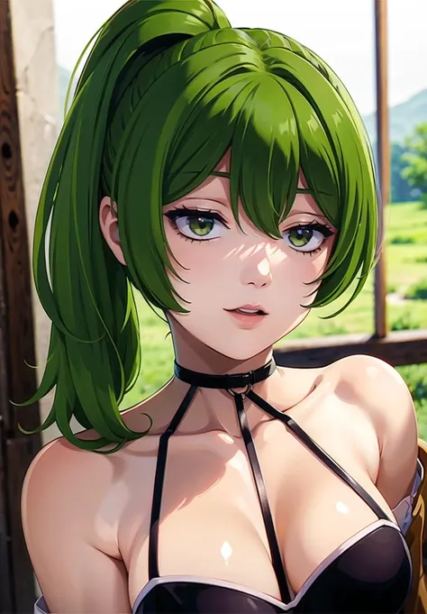 1girl, solo,(best quality),(masterpiece:1.1), green hair, upper body, looking_at_viewer, dynamic angle, cute, clear facial skin,